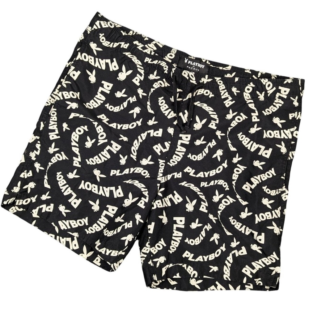 Playboy by PacSun Mens Small Black White Logo Bunny Print Swim Trunks Shorts